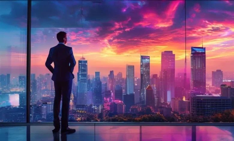 Empreendedor confiante em um escritório moderno com vista para a cidade.