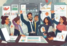 Um empreendedor feliz rodeado de relatórios e gráficos financeiros na celebração do sucesso.
