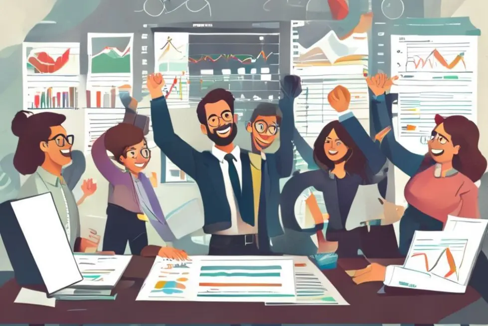 Um empreendedor feliz rodeado de relatórios e gráficos financeiros na celebração do sucesso.
