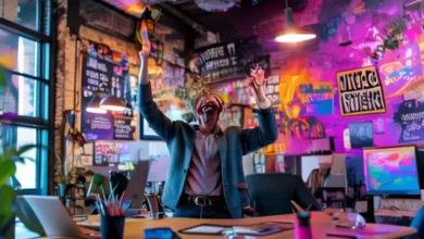 Empreendedor celebrando o sucesso em um ambiente de escritório