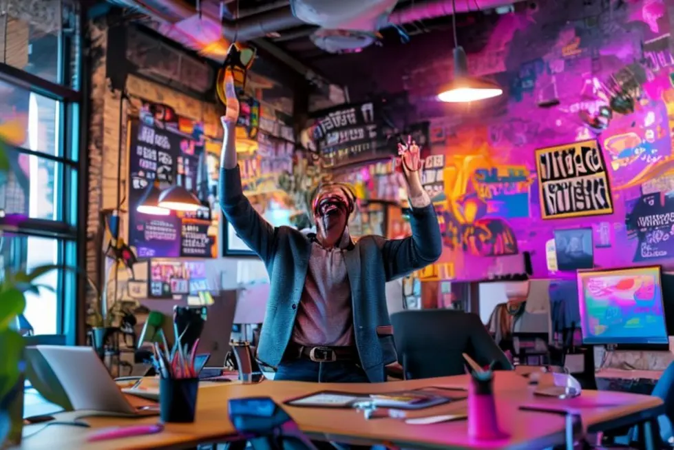 7 Estratégias Incríveis para Criar uma Empresa Lucrativa em 2024 - Web Nômade Digital Empreendedor celebrando o sucesso em um ambiente de escritório