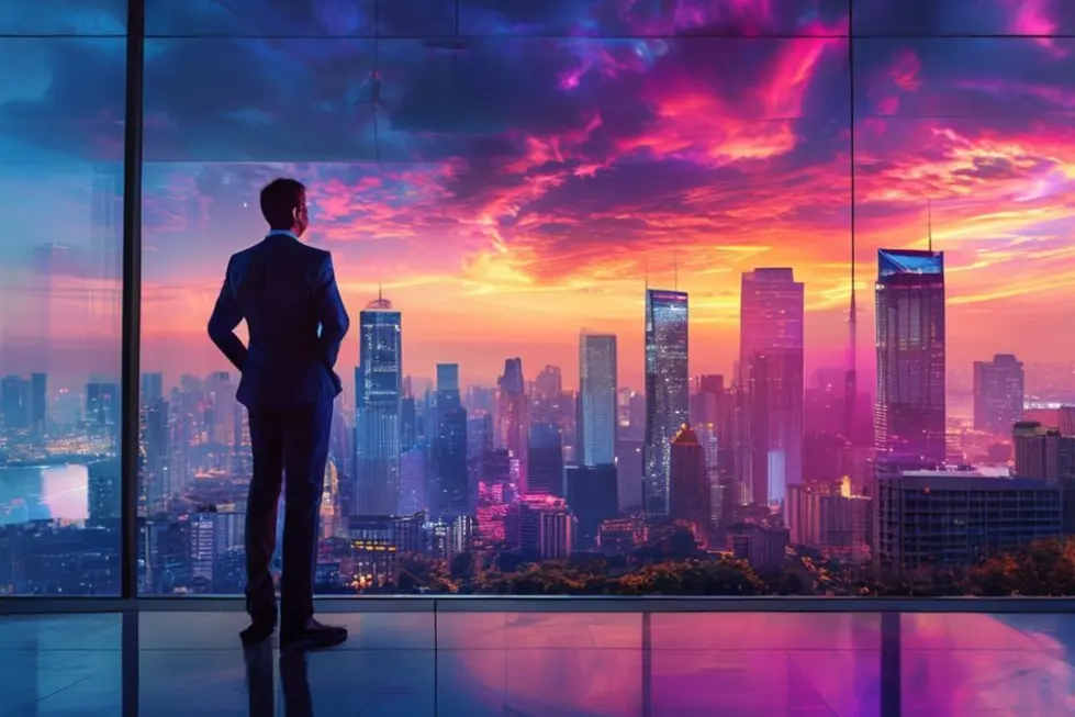 Empreendedor confiante em um escritório moderno com vista para a cidade.