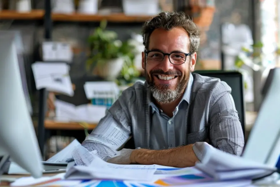 Empreendedor bem-sucedido em um ambiente profissional, simbolizando motivação e sucesso nos negócios.