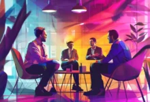 Empreendedores reunidos, compartilhando insights sobre mentorias e estratégias de sucesso.