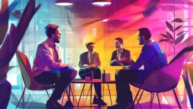 Empreendedores reunidos, compartilhando insights sobre mentorias e estratégias de sucesso.