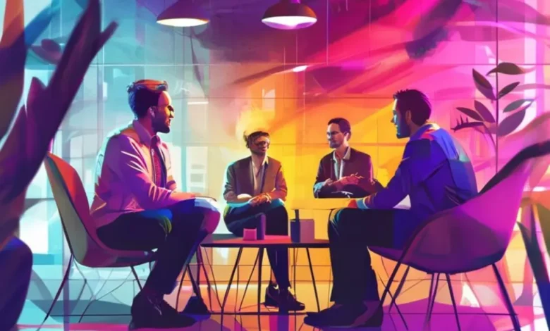 Empreendedores reunidos, compartilhando insights sobre mentorias e estratégias de sucesso.