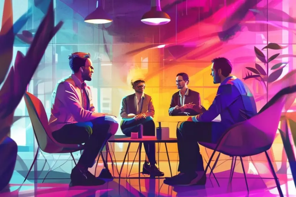 Empreendedores reunidos, compartilhando insights sobre mentorias e estratégias de sucesso.