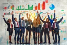 Grupo diversificado de empreendedores celebrando seu sucesso com gráficos de crescimento.