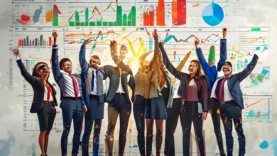 Grupo diversificado de empreendedores celebrando seu sucesso com gráficos de crescimento.