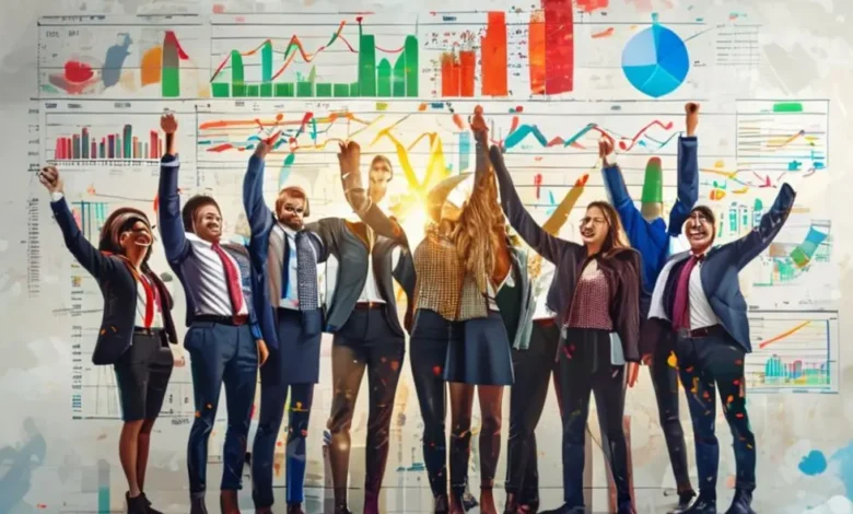 Grupo diversificado de empreendedores celebrando seu sucesso com gráficos de crescimento.