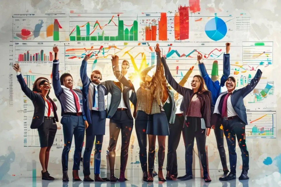 Grupo diversificado de empreendedores celebrando seu sucesso com gráficos de crescimento.