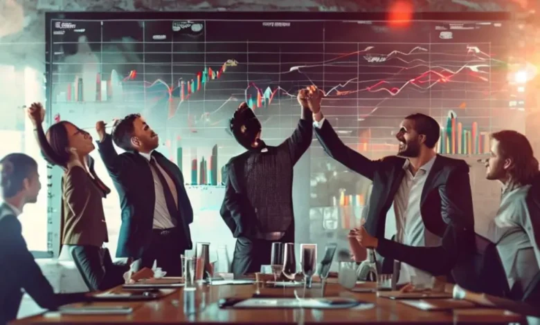 Grupo de empreendedores felizes comemorando o crescimento e a lucratividade do negócio.