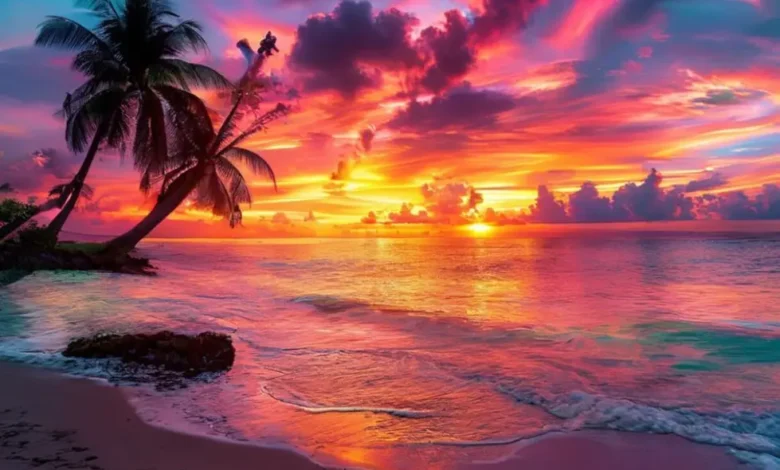 Pôr do sol em uma praia tropical simbolizando a liberdade dos nômades digitais.