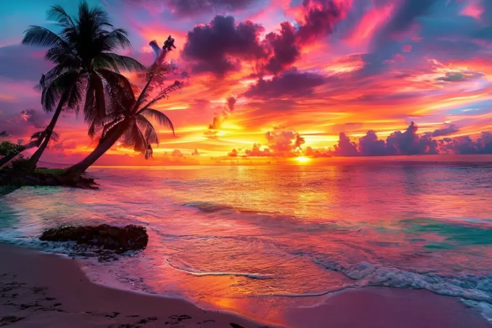 Pôr do sol em uma praia tropical simbolizando a liberdade dos nômades digitais.