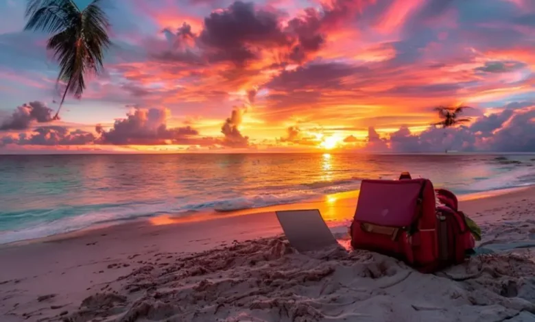 Um pôr do sol deslumbrante sobre uma praia, com um laptop e uma mochila simbolizando o estilo de vida de um nômade digital.