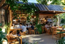 Cafeteria ecológica com nômades digitais trabalhando em laptops.