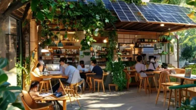 Cafeteria ecológica com nômades digitais trabalhando em laptops.