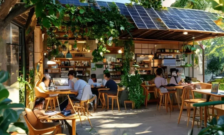 Cafeteria ecológica com nômades digitais trabalhando em laptops.