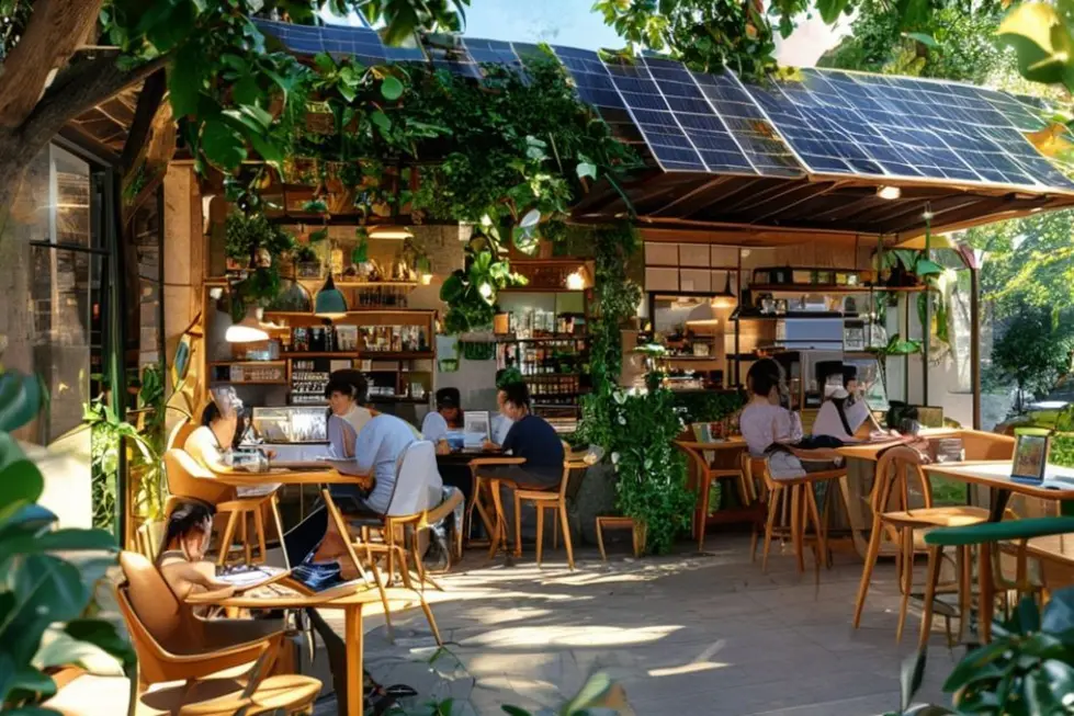 Cafeteria ecológica com nômades digitais trabalhando em laptops.