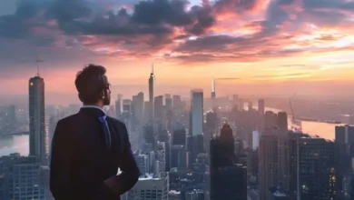 Empresário observando a cidade, simbolizando ambição e determinação