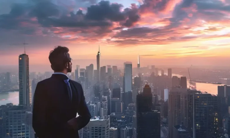 Empresário observando a cidade, simbolizando ambição e determinação