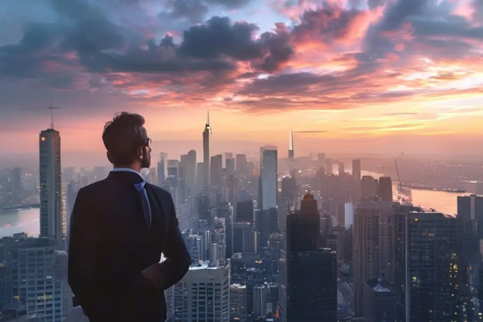 Empresário observando a cidade, simbolizando ambição e determinação