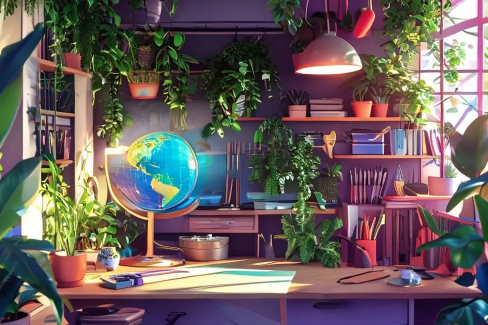 7 Estrategias Práticas para Crescimento Sustentável de Negócios Online - Web Nômade Digital Imagem de um local de trabalho moderno e sustentável.