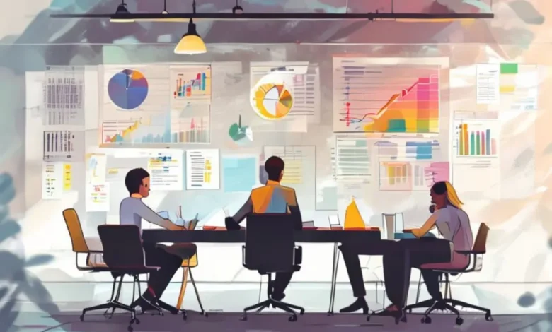 Empreendedores colaborando e criando ideias em uma reunião.