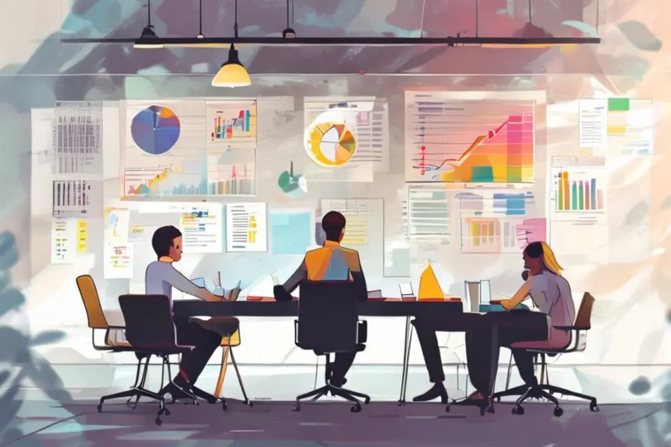 Empreendedores colaborando e criando ideias em uma reunião.