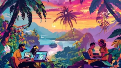 Nômades digitais trabalhando em locais exóticos, simbolizando liberdade e criatividade.