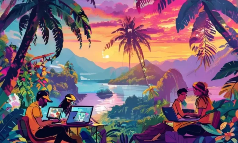 Nômades digitais trabalhando em locais exóticos, simbolizando liberdade e criatividade.