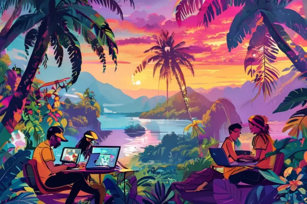 Nômades digitais trabalhando em locais exóticos, simbolizando liberdade e criatividade.