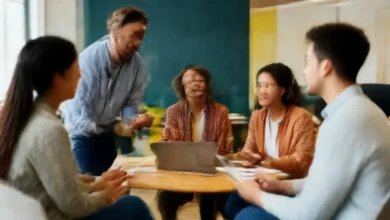 Cena vibrante de mentoria com interação ativa entre mentores e mentorados.