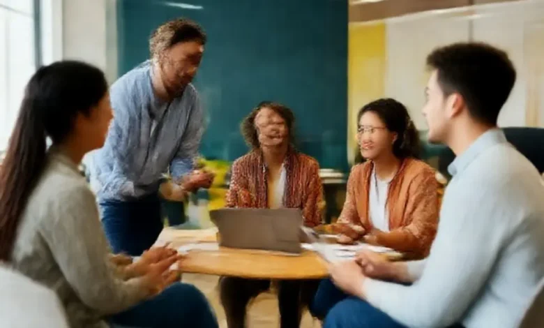 Cena vibrante de mentoria com interação ativa entre mentores e mentorados.