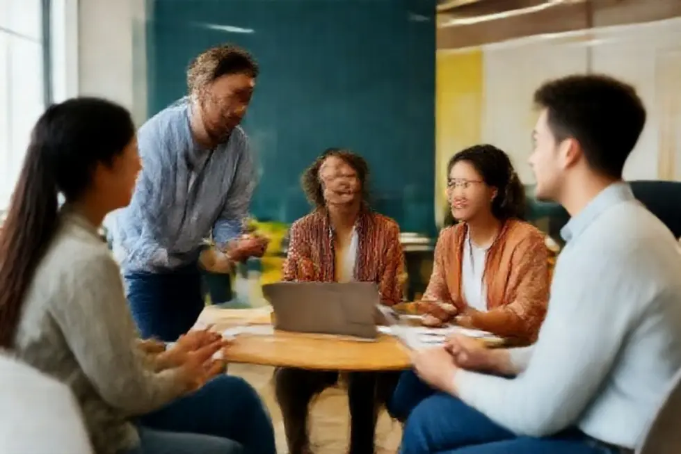Cena vibrante de mentoria com interação ativa entre mentores e mentorados.