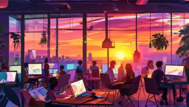 Espaço de coworking com pessoas trabalhando em seus laptops.