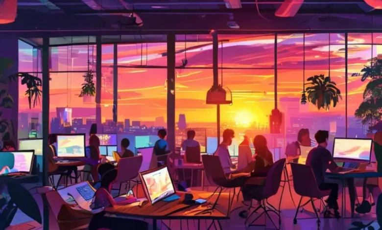 Espaço de coworking com pessoas trabalhando em seus laptops.