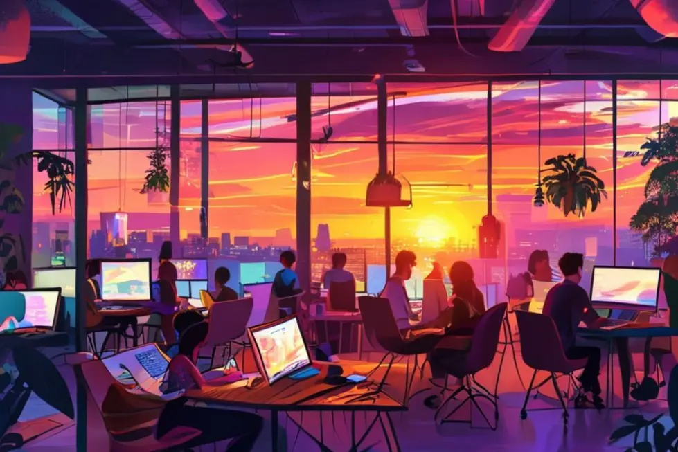 Espaço de coworking com pessoas trabalhando em seus laptops.