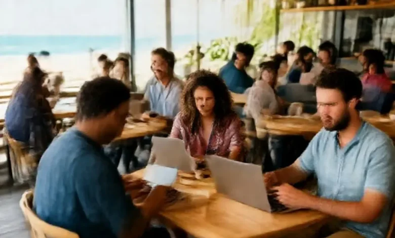 Um grupo diversificado de nômades digitais colaborando em diferentes locais, como cafés e praias.