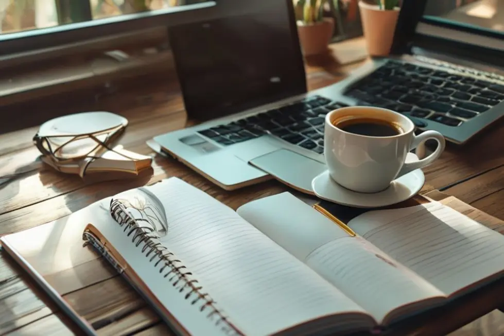 8 Dicas para Organizar sua Agenda de Clientes e Aumentar Sua Produtividade - Web Nômade Digital Espaço de trabalho organizado, simbolizando foco e produtividade.