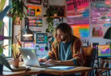 Freelancer trabalhando em um escritório em casa, cercado por inspirações.