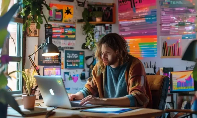 Freelancer trabalhando em um escritório em casa, cercado por inspirações.