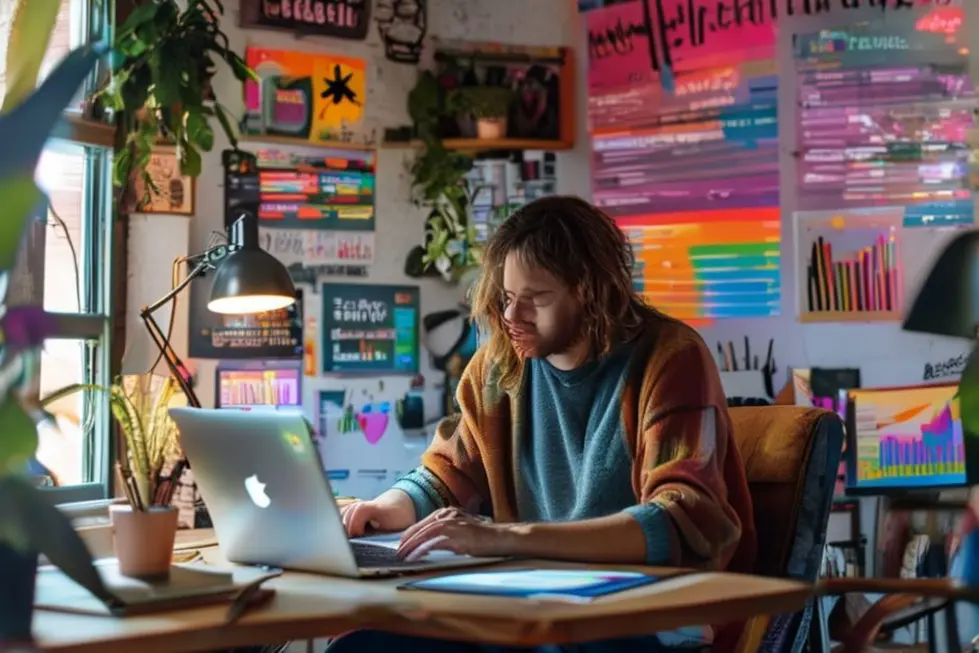 Freelancer trabalhando em um escritório em casa, cercado por inspirações.