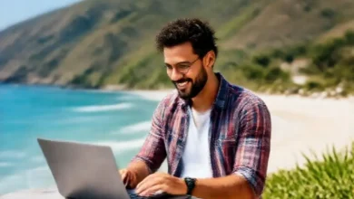 Nômade digital trabalhando em um laptop em um local cênico.