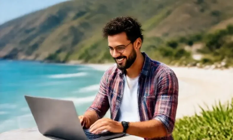 Nômade digital trabalhando em um laptop em um local cênico.