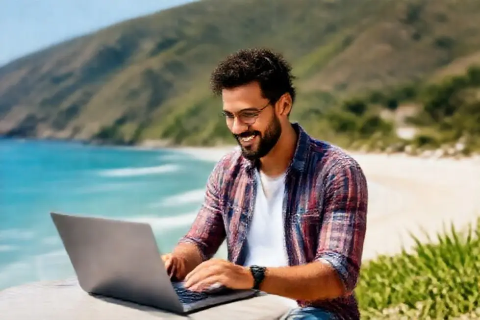 Nômade digital trabalhando em um laptop em um local cênico.