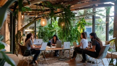 Grupo de nômades digitais trabalhando em um espaço sustentável