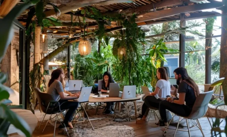 Grupo de nômades digitais trabalhando em um espaço sustentável