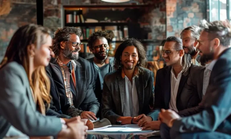 Grupo diversificado de empreendedores trocando ideias em um ambiente inspirador.