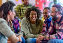 Grupo engajado em uma sessão de mentoria empresarial.